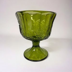 Vtg Indiana Glass Green Harvest Candy Dish Compote Grapevine Grapes Pattern